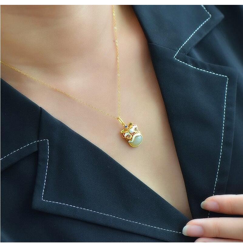 『富貴坊』【開光】珐琅玉石醒獅項鏈，醒獅，獅子，護身符，招財納福，行車平安，玉石吊墜K17-細節圖2