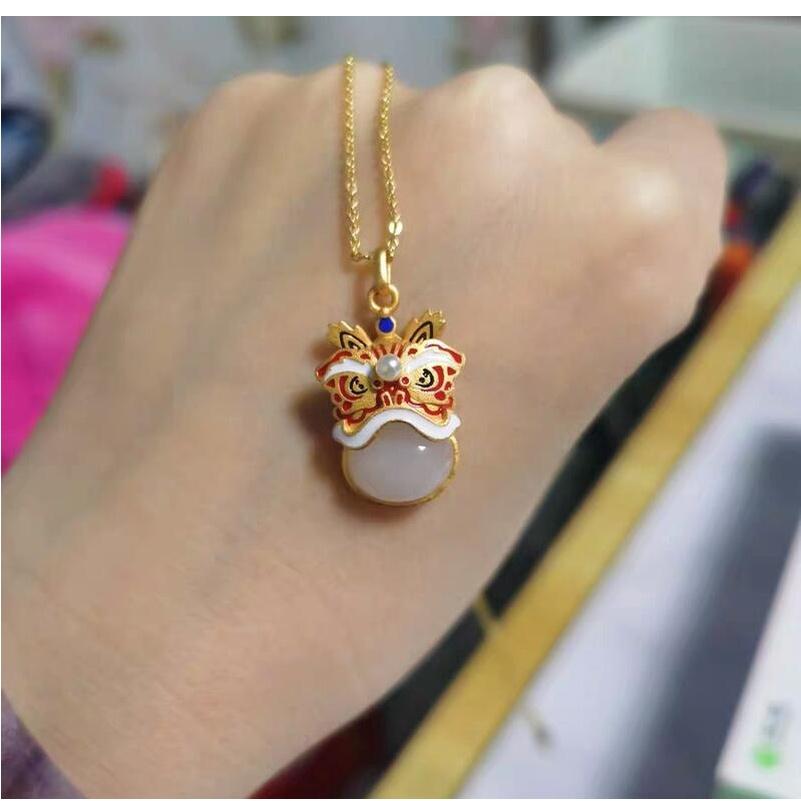 『富貴坊』【開光】珐琅玉石醒獅項鏈，醒獅，獅子，護身符，招財納福，行車平安，玉石吊墜K17-細節圖3