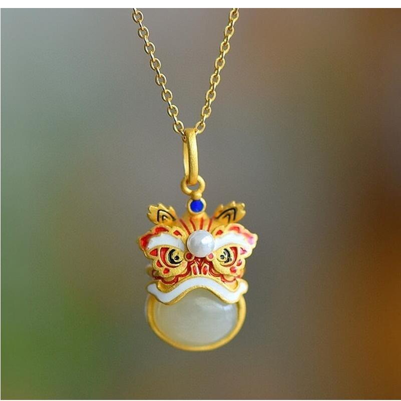 『富貴坊』【開光】珐琅玉石醒獅項鏈，醒獅，獅子，護身符，招財納福，行車平安，玉石吊墜K17-細節圖4