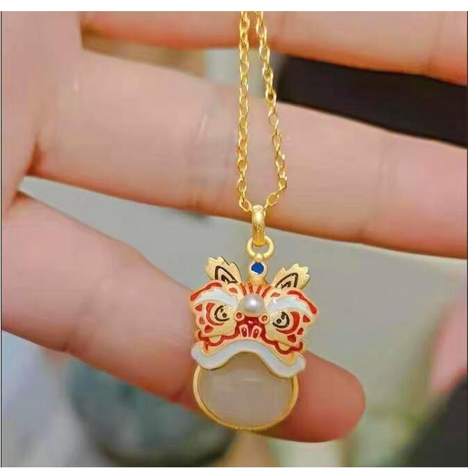 『富貴坊』【開光】珐琅玉石醒獅項鏈，醒獅，獅子，護身符，招財納福，行車平安，玉石吊墜K17-細節圖5