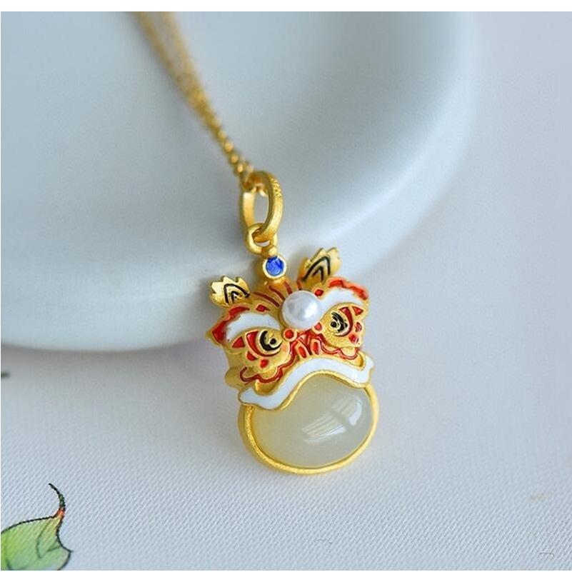 『富貴坊』【開光】珐琅玉石醒獅項鏈，醒獅，獅子，護身符，招財納福，行車平安，玉石吊墜K17-細節圖6
