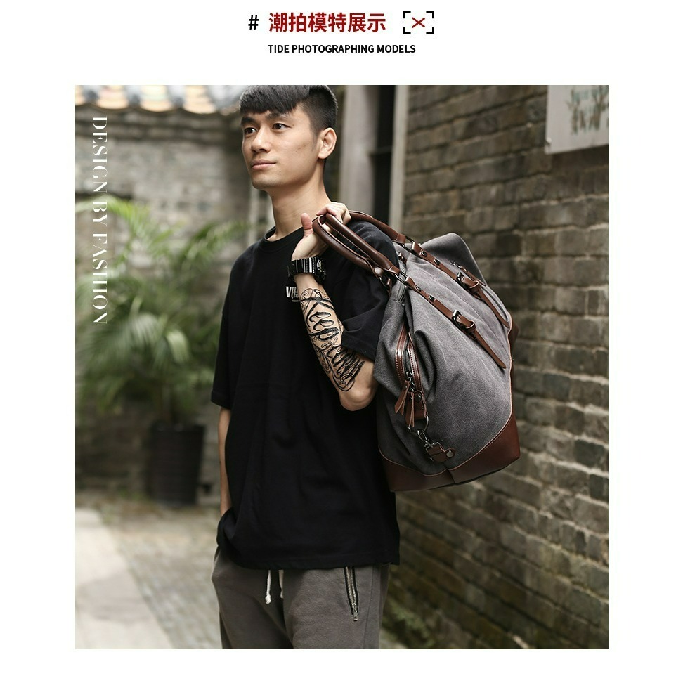 【AngelNaNa】手提行李包-復古帆布大容量旅遊行李袋 運動收納包 健身包 獨立鞋位 男單肩包(SBA0434)-細節圖2