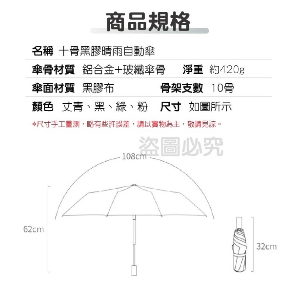 🔥超大傘面🔥十骨黑膠自動傘 紫外線遮陽 自動反折傘 自動摺疊傘 摺疊傘 遮陽傘 摺傘 晴雨傘 雨傘 雨具-細節圖3