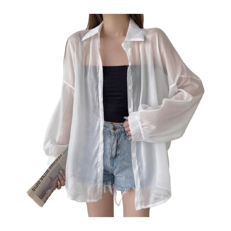 🔥垂感透涼🔥薄款長袖襯衫 2023新款 夏季休閒襯衫 女翻領襯衫 薄款法式 設計感襯衫 INS風 薄紗襯衫 襯衫外套-細節圖2