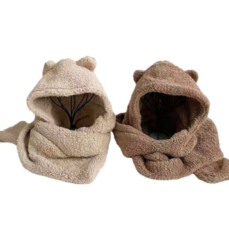 🐻三件套🐻小熊帽子圍巾 連帽小熊圍巾+手套 可愛百搭毛絨圍巾 加厚絨毛圍巾 秋冬保暖圍巾圍脖 泰迪熊純色圍巾-細節圖2