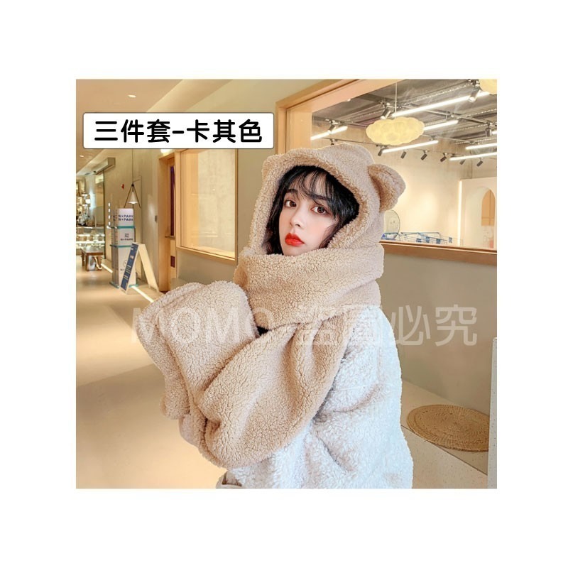 🐻三件套🐻小熊帽子圍巾 連帽小熊圍巾+手套 可愛百搭毛絨圍巾 加厚絨毛圍巾 秋冬保暖圍巾圍脖 泰迪熊純色圍巾-細節圖8