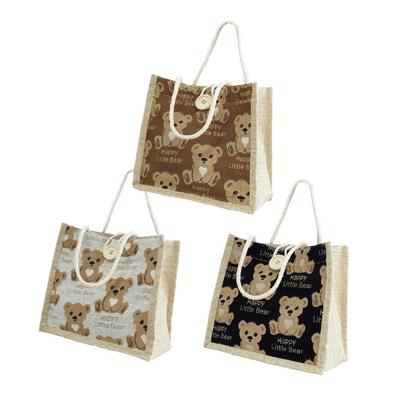 🔥台灣發貨🔥小熊亞麻手提袋 亞麻手提袋 亞麻小熊手提袋 外出包 棉麻小包包 小手提 手拎包 午餐袋 便當包 環保提袋-細節圖2