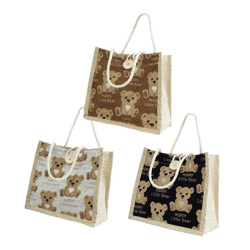 🔥台灣發貨🔥小熊亞麻手提袋 亞麻手提袋 亞麻小熊手提袋 外出包 棉麻小包包 小手提 手拎包 午餐袋 便當包 環保提袋-細節圖2