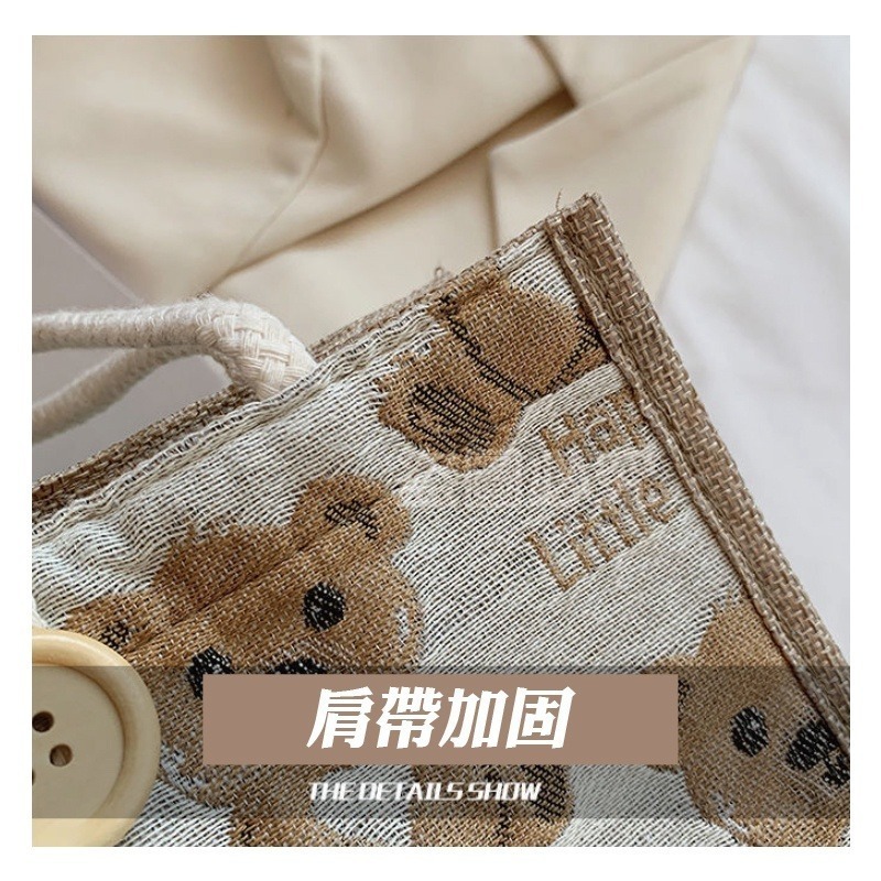 🔥台灣發貨🔥小熊亞麻手提袋 亞麻手提袋 亞麻小熊手提袋 外出包 棉麻小包包 小手提 手拎包 午餐袋 便當包 環保提袋-細節圖7