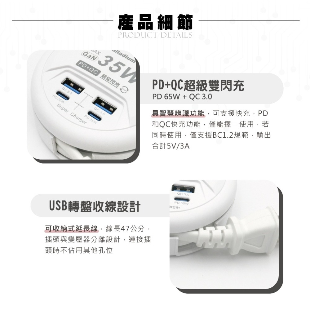 🔥現貨🔥快充插座 USB TYPEC 帕拉丁 快充 閃充 35W 氮化鎵 PD USB充電器 收納式 出國必備 安全-細節圖5