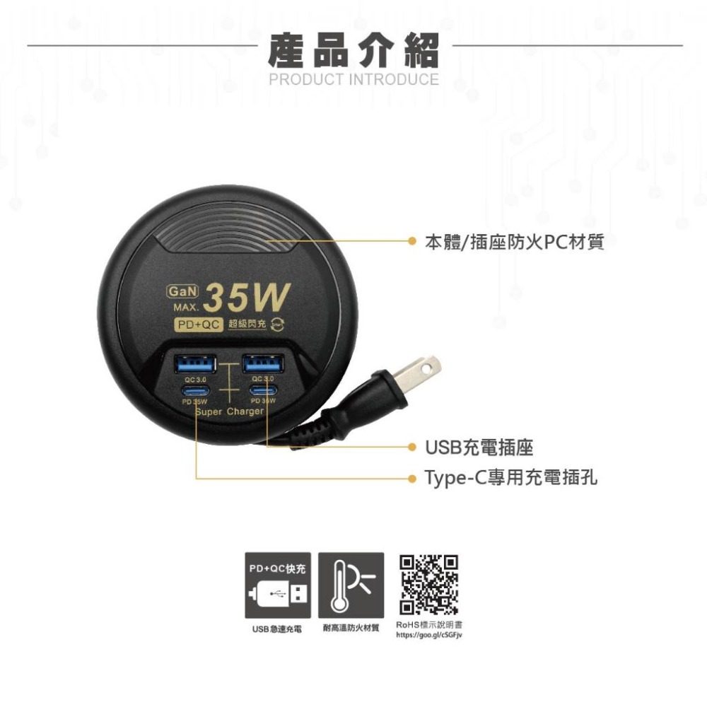🔥現貨🔥快充插座 USB TYPEC 帕拉丁 快充 閃充 35W 氮化鎵 PD USB充電器 收納式 出國必備 安全-規格圖6