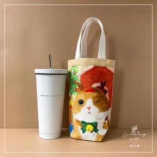 【聖誕禮物】聖誕麋鹿 貓咪 飲料杯袋 冰壩杯袋 保溫杯袋 水壺袋 環保杯袋 交換禮物-細節圖2
