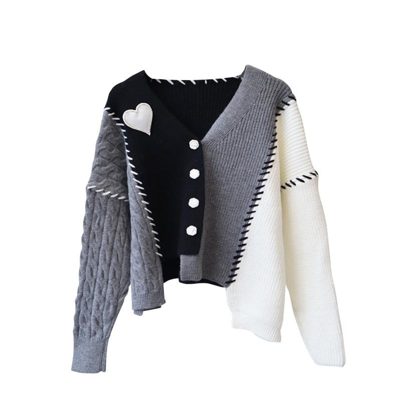 【台灣公司出貨】不規則愛心拼接上衣 灰粉可搭 針織毛衣 毛衣 毛感毛衣 拼色針織 寬鬆慵懶風 名媛 設計 百搭 顯瘦-細節圖2