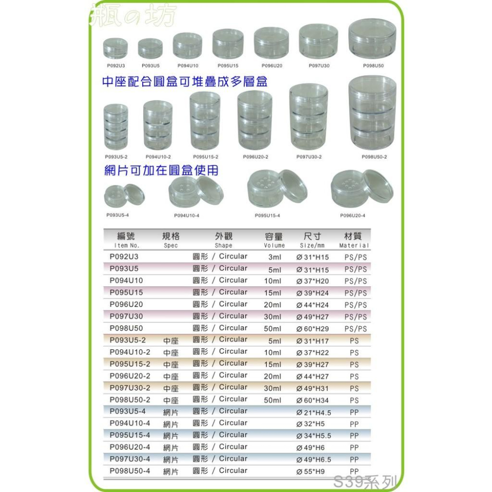 【瓶之坊】( S39系列 )透明圓盒(連接盒)3ml~50ml.化妝盒.珠針盒.藥膏盒.粉盒.瓶瓶罐罐面霜盒-細節圖3