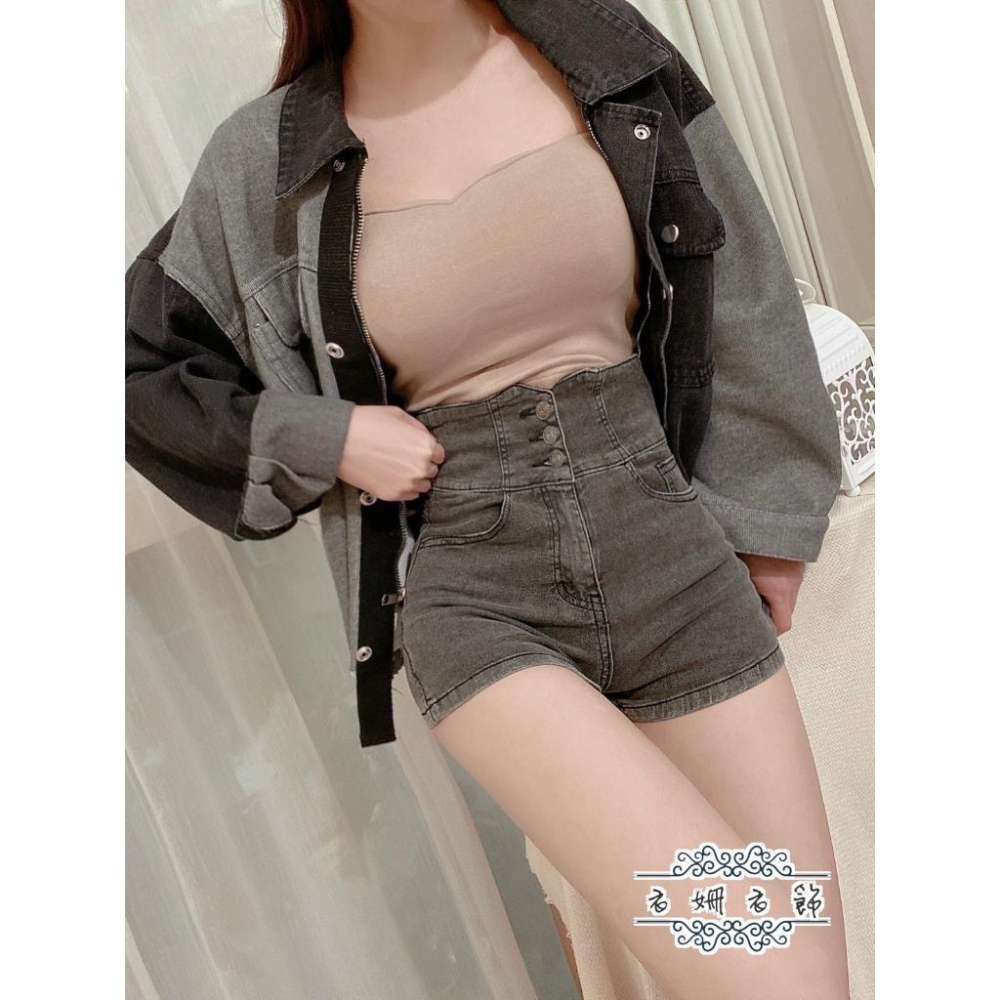 現貨出清 韓版極高腰三釦後交叉造型牛仔短褲❤️-細節圖7