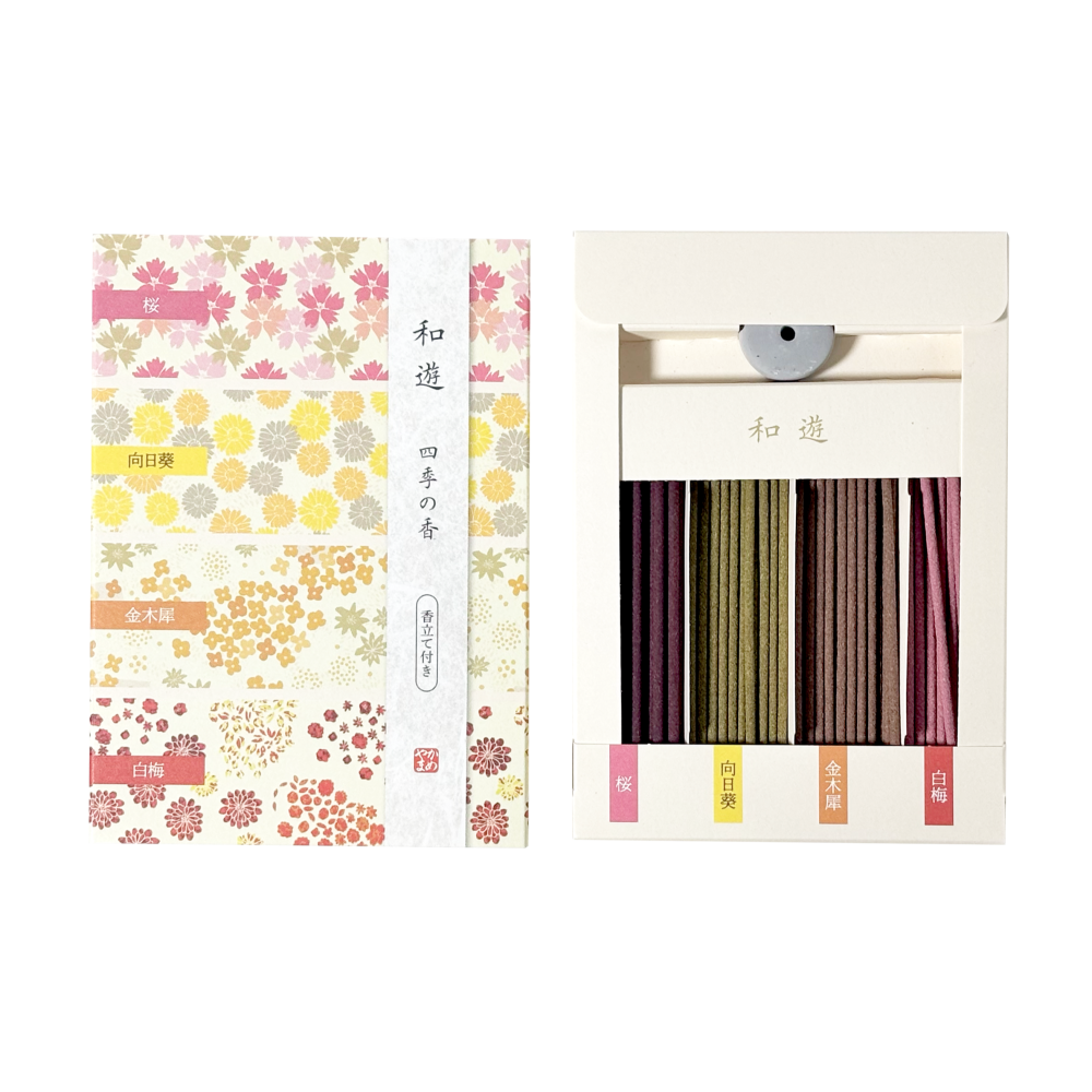 日本原裝 和遊 綜合線香 一次四種香味 療癒你的每一天 龜山 Kameyama 冥想 空間香氛 綠茶、梔子花櫻花、向日葵-細節圖2