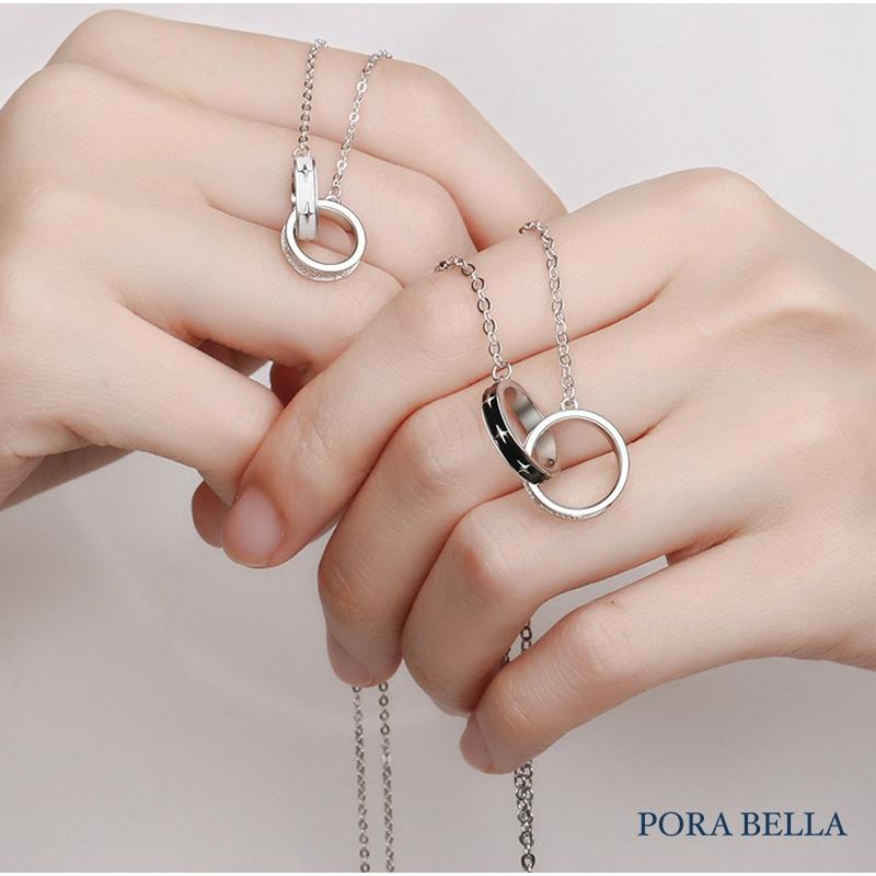 <Porabella>925純銀情侶款項鍊 男女款時尚小眾簡約 雙色雙環純銀項鍊 黑白配 Necklace <一對販售>-細節圖3
