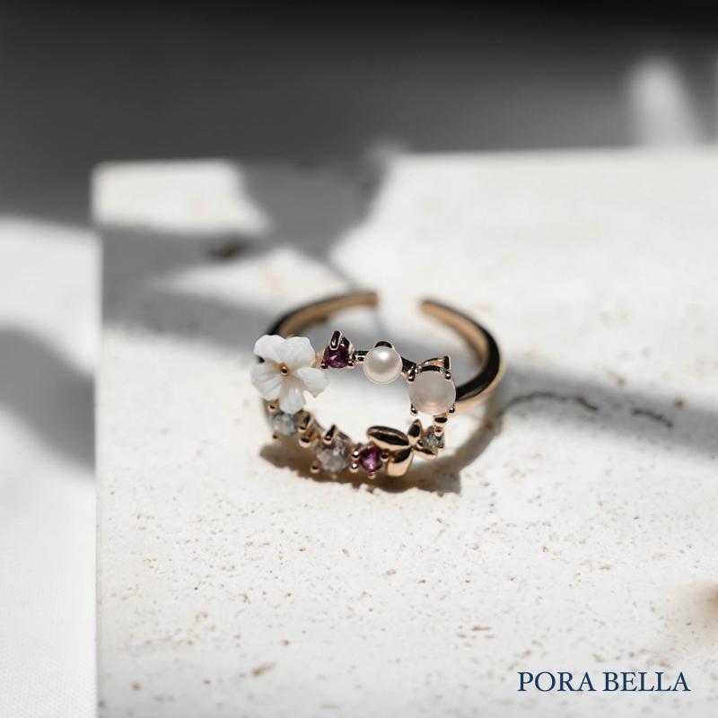 <Porabella>925純銀韓版花朵戒指 森林系細緻花卉寶石開口可調節式戒指 玫瑰金 RINGS-細節圖6
