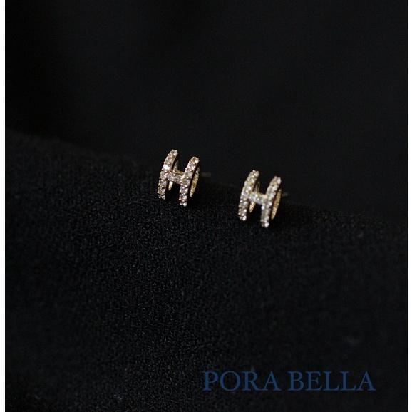 <Porabella>925純銀單鑽鋯石耳環 H耳環 小眾ins風輕奢氣質鑽石耳扣 金色穿洞式耳環  Earrings-細節圖2