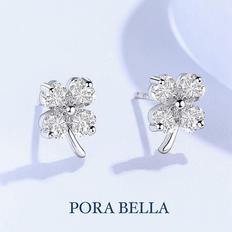 <Porabella>925純銀鋯石耳環 幸運四葉草 花開幸福 穿洞式耳環 Earrings-細節圖2