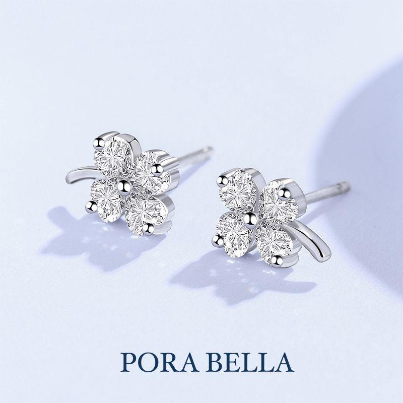 <Porabella>925純銀鋯石耳環 幸運四葉草 花開幸福 穿洞式耳環 Earrings-細節圖3