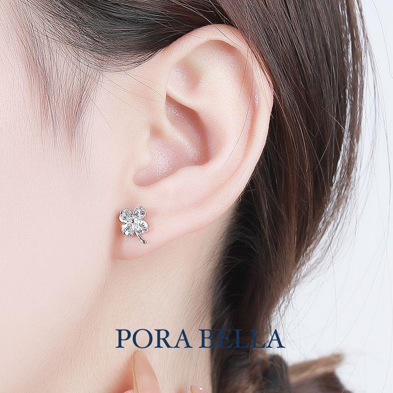 <Porabella>925純銀鋯石耳環 幸運四葉草 花開幸福 穿洞式耳環 Earrings-細節圖6