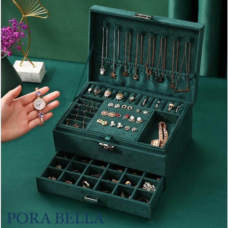 <Porabella>貴婦絨布首飾盒 大容量三層珠寶盒 可上鎖 旅行絨布盒飾品盒 戒指項鍊耳環耳夾收納 展示架收納盒-細節圖5