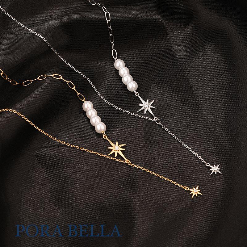 <Porabella>925純銀鋯石珍珠項鍊 輕奢設計感新款吊墜氣質珍珠不對襯拼接 Pearl Necklace-細節圖4
