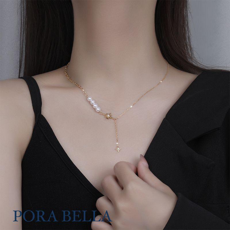 <Porabella>925純銀鋯石珍珠項鍊 輕奢設計感新款吊墜氣質珍珠不對襯拼接 Pearl Necklace-細節圖6