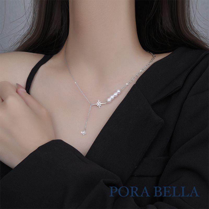 <Porabella>925純銀鋯石珍珠項鍊 輕奢設計感新款吊墜氣質珍珠不對襯拼接 Pearl Necklace-細節圖7