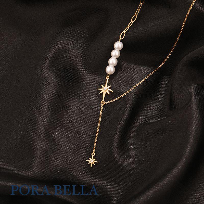 <Porabella>925純銀鋯石珍珠項鍊 輕奢設計感新款吊墜氣質珍珠不對襯拼接 Pearl Necklace-細節圖8