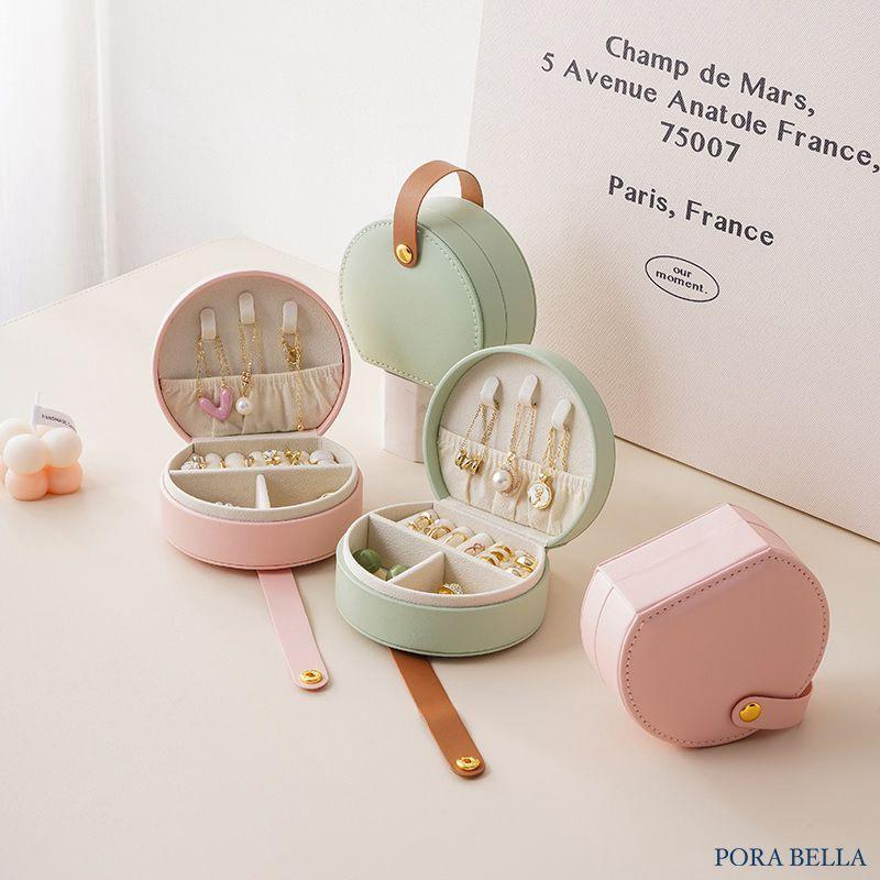 <Porabella>超可愛皮革首飾盒 圓形小巧輕便 珠寶盒  出國攜帶飾品盒 戒指項鍊耳環耳夾收納 飾品收納 交換禮物-細節圖3