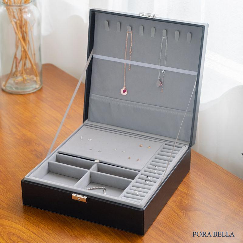 <Porabella>新款大容量皮革首飾盒 珠寶盒旅行旅遊 絨布飾品盒 飾品戒指項鍊耳環耳夾收納 展示架展示收納盒防水-細節圖3
