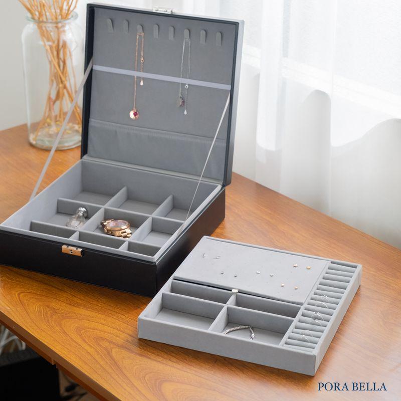 <Porabella>新款大容量皮革首飾盒 珠寶盒旅行旅遊 絨布飾品盒 飾品戒指項鍊耳環耳夾收納 展示架展示收納盒防水-細節圖4