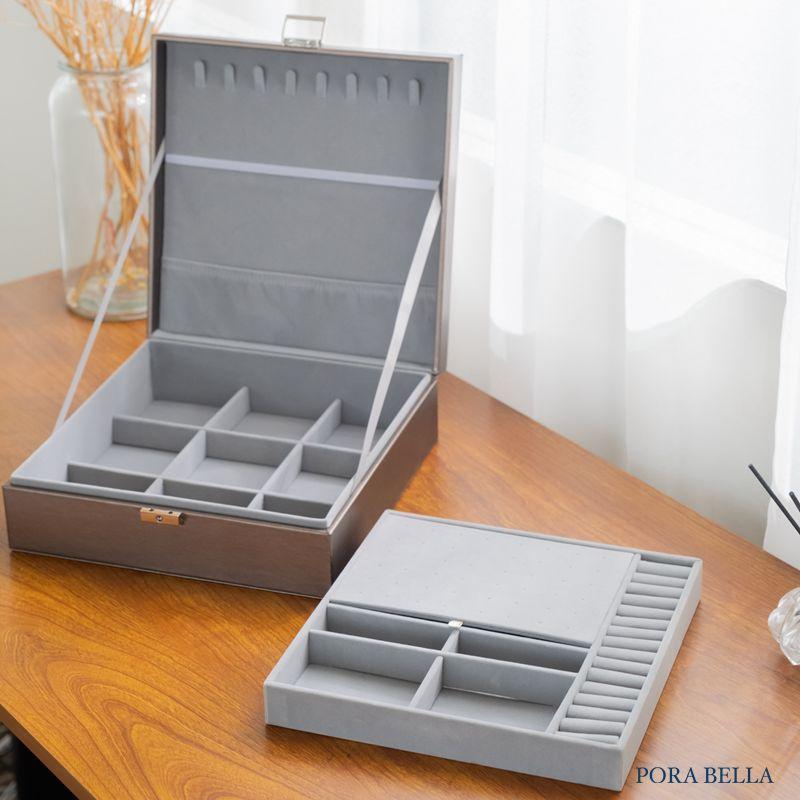 <Porabella>新款大容量皮革首飾盒 珠寶盒旅行旅遊 絨布飾品盒 飾品戒指項鍊耳環耳夾收納 展示架展示收納盒防水-細節圖6
