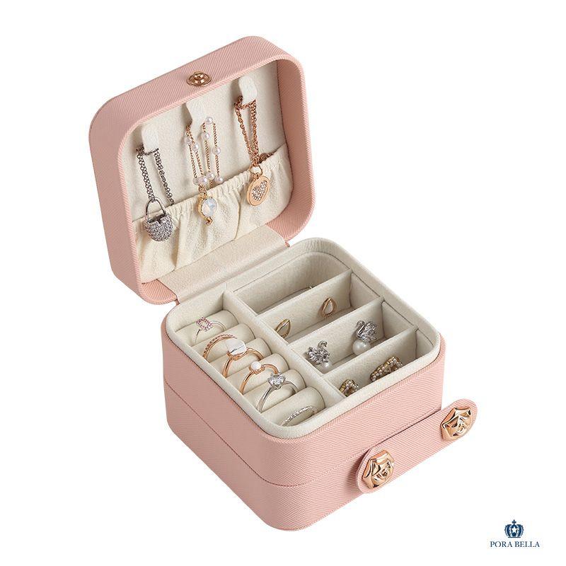 <Porabella>新款多色皮革首飾盒 三層珠寶盒 玫瑰花金屬扣飾品盒 隨身攜帶方便戒指項鍊耳環耳夾收納飾品收納盒禮物-細節圖2