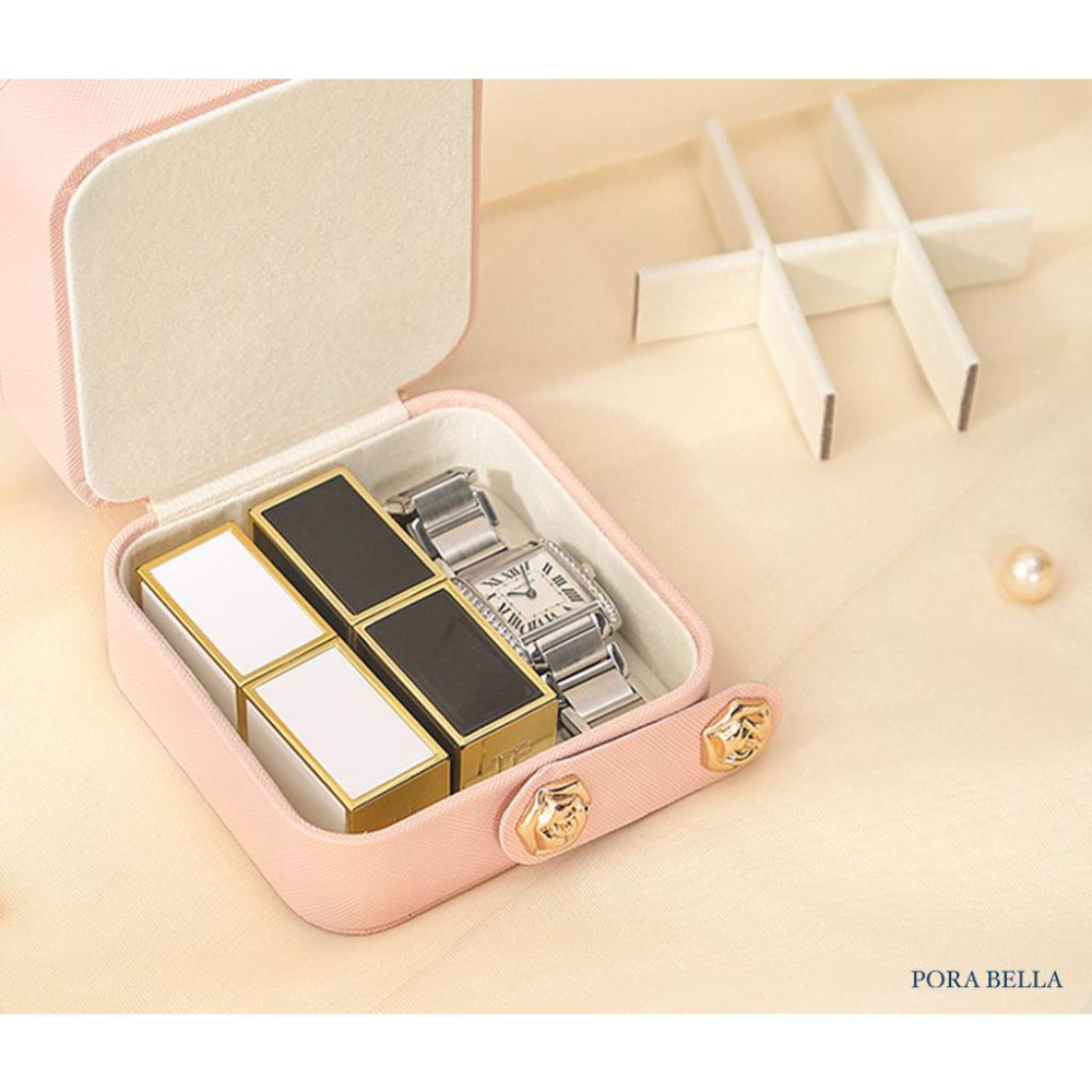 <Porabella>新款多色皮革首飾盒 三層珠寶盒 玫瑰花金屬扣飾品盒 隨身攜帶方便戒指項鍊耳環耳夾收納飾品收納盒禮物-細節圖4