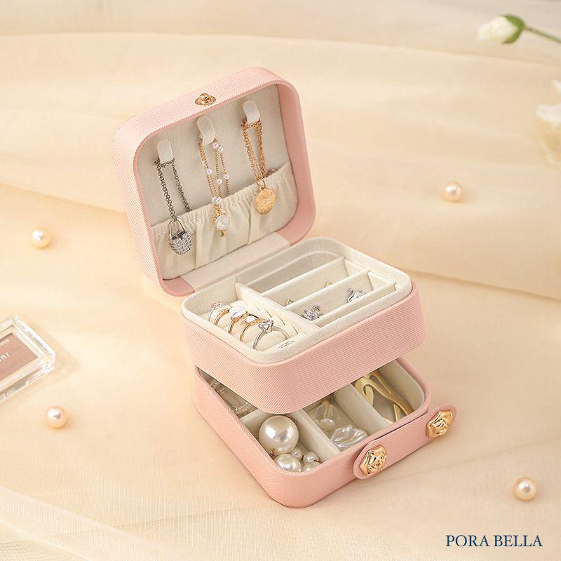 <Porabella>新款多色皮革首飾盒 三層珠寶盒 玫瑰花金屬扣飾品盒 隨身攜帶方便戒指項鍊耳環耳夾收納飾品收納盒禮物-細節圖7