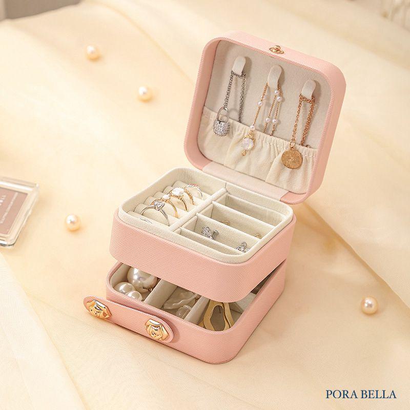 <Porabella>新款多色皮革首飾盒 三層珠寶盒 玫瑰花金屬扣飾品盒 隨身攜帶方便戒指項鍊耳環耳夾收納飾品收納盒禮物-細節圖8
