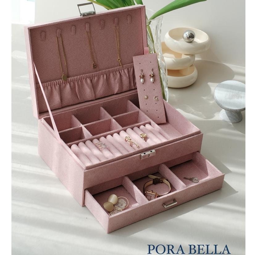 <Porabella>新款雙層絨布抽屜式首飾盒 可上鎖飾品收納盒 戒指項鍊耳環耳夾收納展示收納盒 多色可選-細節圖4