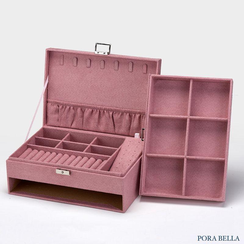 <Porabella>新款雙層絨布抽屜式首飾盒 可上鎖飾品收納盒 戒指項鍊耳環耳夾收納展示收納盒 多色可選-細節圖9