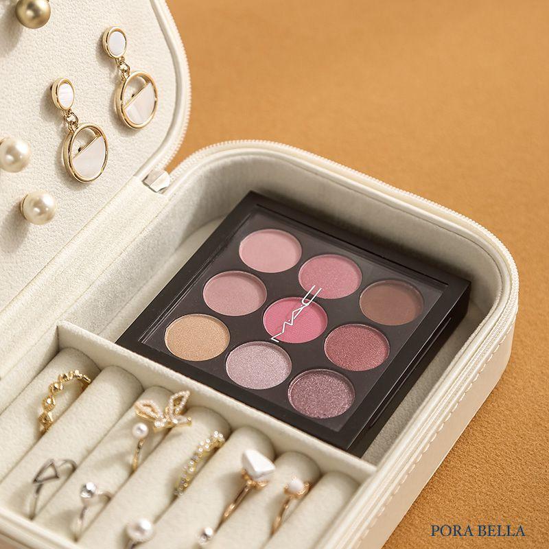 <Porabella>新款拉鍊式皮革首飾盒 耳釘飾品盒 旅行旅遊飾品戒指項鍊耳環耳夾收納 飾品收納盒 粉色白色飾品盒-細節圖4