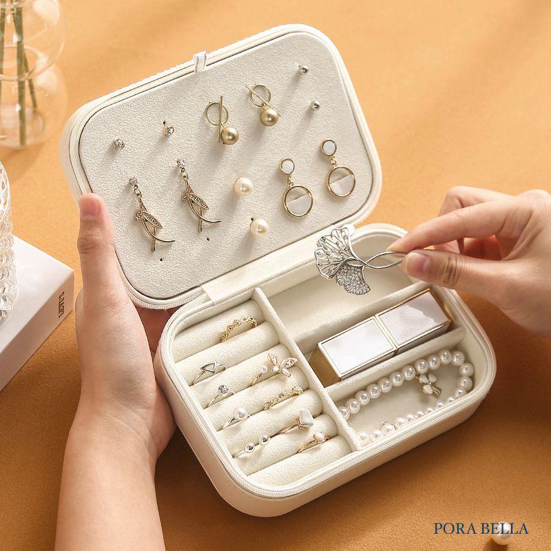 <Porabella>新款拉鍊式皮革首飾盒 耳釘飾品盒 旅行旅遊飾品戒指項鍊耳環耳夾收納 飾品收納盒 粉色白色飾品盒-細節圖5