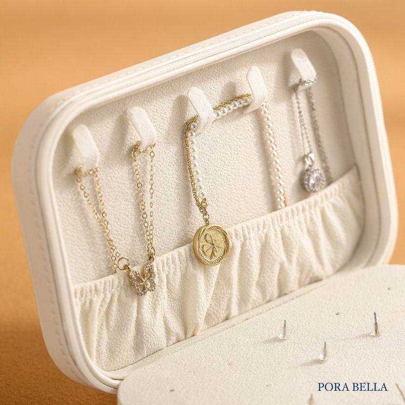 <Porabella>新款拉鍊式皮革首飾盒 耳釘飾品盒 旅行旅遊飾品戒指項鍊耳環耳夾收納 飾品收納盒 粉色白色飾品盒-細節圖7