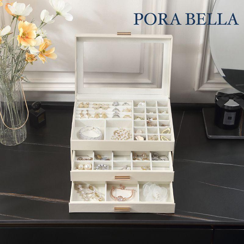 <Porabella>熱賣款大容量皮革首飾盒 珠寶盒旅行旅遊 絨布盒飾品盒 飾品戒指項鍊耳環耳夾收納 透明展示收納盒防水-細節圖4