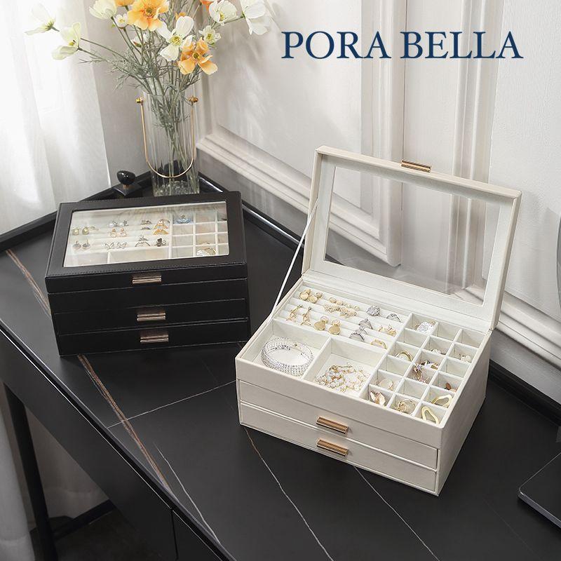 <Porabella>熱賣款大容量皮革首飾盒 珠寶盒旅行旅遊 絨布盒飾品盒 飾品戒指項鍊耳環耳夾收納 透明展示收納盒防水-細節圖5