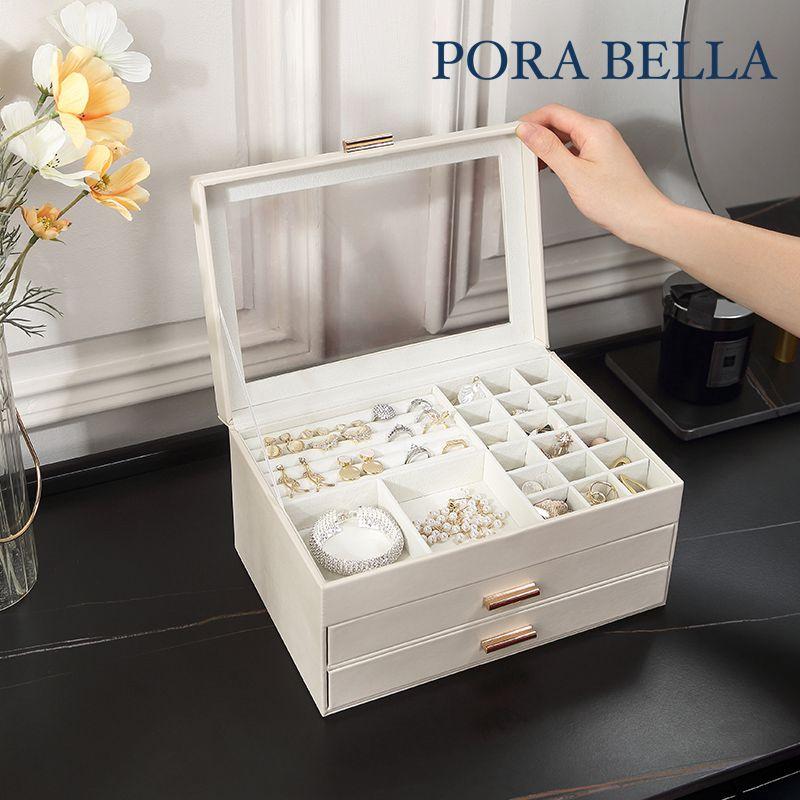 <Porabella>熱賣款大容量皮革首飾盒 珠寶盒旅行旅遊 絨布盒飾品盒 飾品戒指項鍊耳環耳夾收納 透明展示收納盒防水-細節圖8