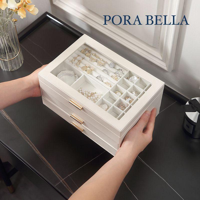 <Porabella>熱賣款大容量皮革首飾盒 珠寶盒旅行旅遊 絨布盒飾品盒 飾品戒指項鍊耳環耳夾收納 透明展示收納盒防水-細節圖9