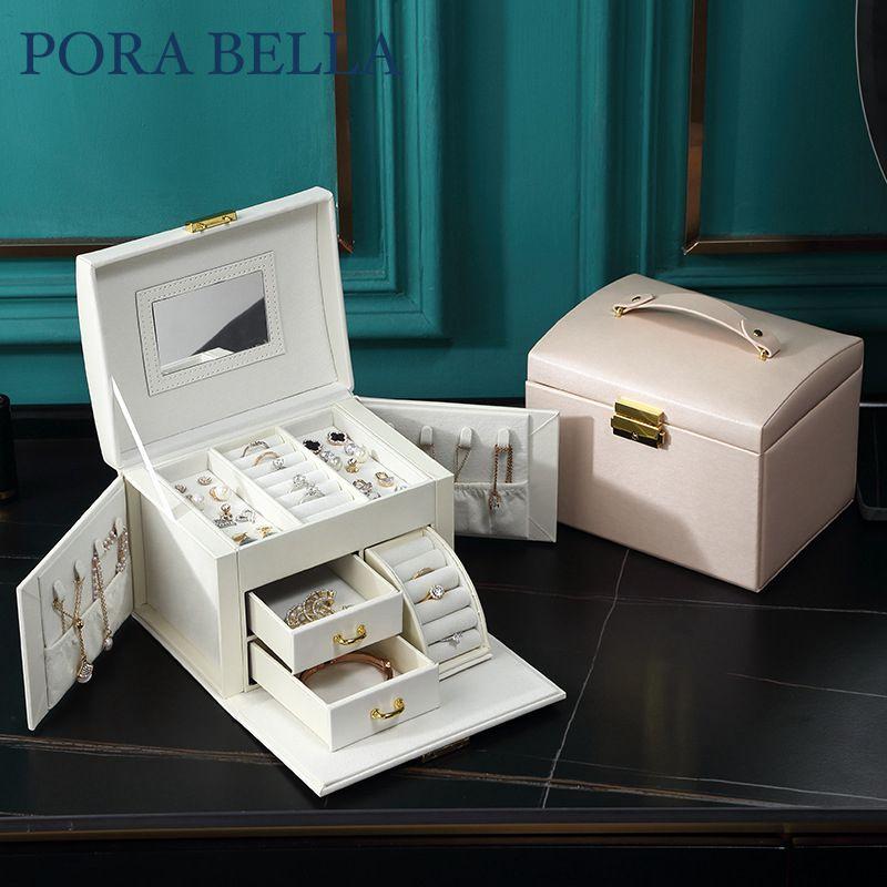 <Porabella>大容量皮革首飾盒 手提珠寶盒旅行旅遊 絨布盒飾品盒 飾品戒指項鍊耳環耳夾收納 展示收納盒防水-細節圖2
