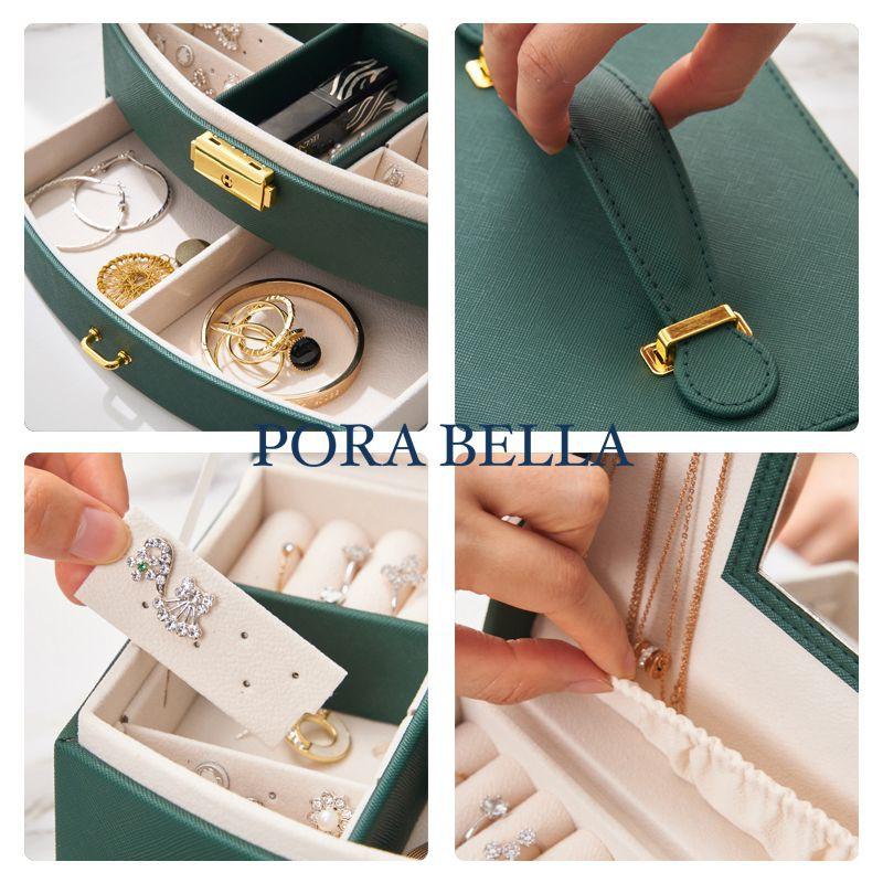 <Porabella>優雅皮革首飾盒 手提珠寶盒 旅行旅遊 絨布盒鏡子飾品盒 飾品戒指項鍊耳環耳夾收納盒 交換禮物-細節圖3